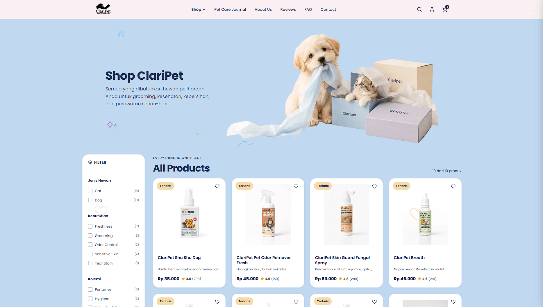ClariPet storefront: product catalogue with filters, ratings and IDR pricing